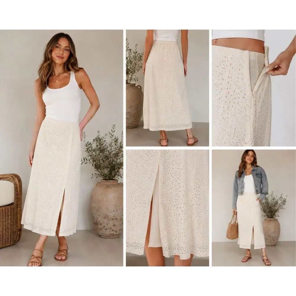 A New Day Eyelet Midi Skirt Size 12 Side Zip Front Slit Boho Cottagecore